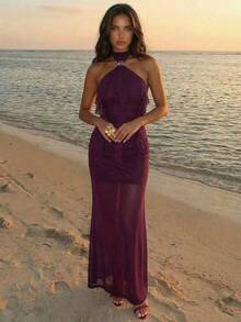 Aloruh 女士春夏新款纯色紫红色、栗红色、茄紫色无袖露背荷叶边下摆优雅派对连衣裙，性感又不失优雅 - 紫紅色 - 查看 2