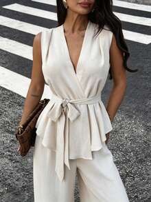 Firerie 女士休闲优雅宽松V领无袖系带弹力腰米色修身衬衫，适合日常通勤、度假、教师装扮 - 杏色 - 查看 1