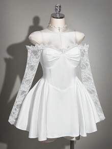 SHEIN ICON Đầm ren trắng phối họa tiết trễ vai thanh lịch dành cho phụ nữ cỡ lớn - trắng - Xem 4