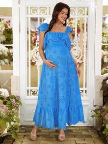 SHEIN 孕妇波西米亚风蕾丝边露肩褶皱连衣裙 - 藍色 - 查看 3