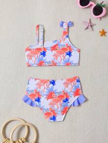 SHEIN Baby Girl's Summer Holiday Flamingo Print 2-Piece Bikini Set,Quick-Drying One-Shoulder Bow Top With Ruffle Trim Triangle Bottoms Beachwear Swimwear - Multicolor - View 2