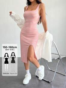 SHEIN PETITE Summer Women's Casual Basic Tank Top Striped Split Dress,Pastel Dresses For Women,Summer Dresses For Women - Baby Pink - View 7