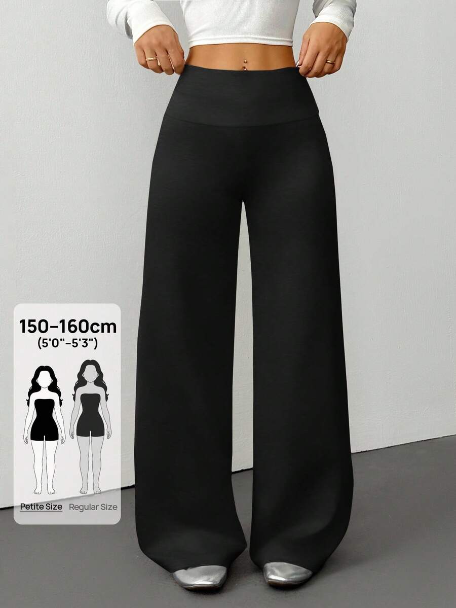 SHEIN PETITE 女士纯色翻折腰阔腿宽松休闲裤运动裤，秋冬季百搭家居服 - 黑色 - 查看 1