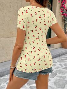 Lyckli Maternity Summer Casual Vacation Cherry Print Short Sleeve Scoop Neck T-Shirt - Yellow - View 2