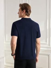 Officeau 男士纯色休闲通勤 Polo 衫，夏季，适合打高尔夫 - 藏蓝色 - 查看 2