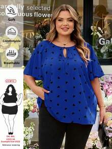 SHEIN CURVE+ Áo thun cỡ lớn CURVE PLUS /Ngày Valentine/Áo thun mùa xuân và mùa hè xếp bèo hình trái tim, Áo thun ngày Valentine - Màu xanh lam - Xem 4