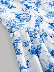 SHEIN 女童优雅蓝白碎花撞色蝴蝶结装饰无袖中长连衣裙 - 藍白色 - 查看 5