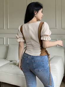 Feyla Plus Size Women Floral Jacquard Puff Sleeve Waist Tied Fashion Blouse - Multicolor - View 3