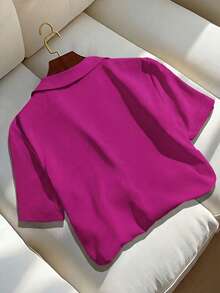 Franclia 女士休闲百搭纯色短袖衬衫，夏季款 - 玫紅色 - 查看 2