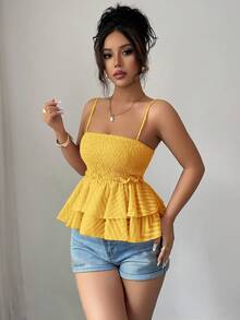 Elenzga Áo hai dây nữ dáng suông, cắt xẻ, xếp lớp, chất liệu chiffon, thích hợp cho kỳ nghỉ, thường ngày. - Màu vàng - Xem 4