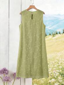 Rusticease 女士休闲花卉刺绣无袖宽松中长连衣裙，夏季 - 綠色 - 查看 3