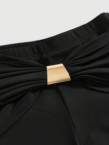 ROMWE Avant Women's Sexy Deep Draped Neck Tie-Up Top And Low-Waist Tight Flare Pants 2 Pieces Set, Spring/Summer - Black - View 3