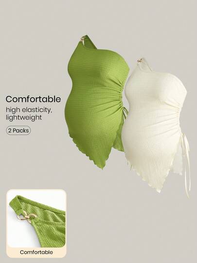 Modmama 2 piezas Blusa de maternidad de verano casual y de vacaciones con unicolor, cordón, fruncido y bajo asimétrico