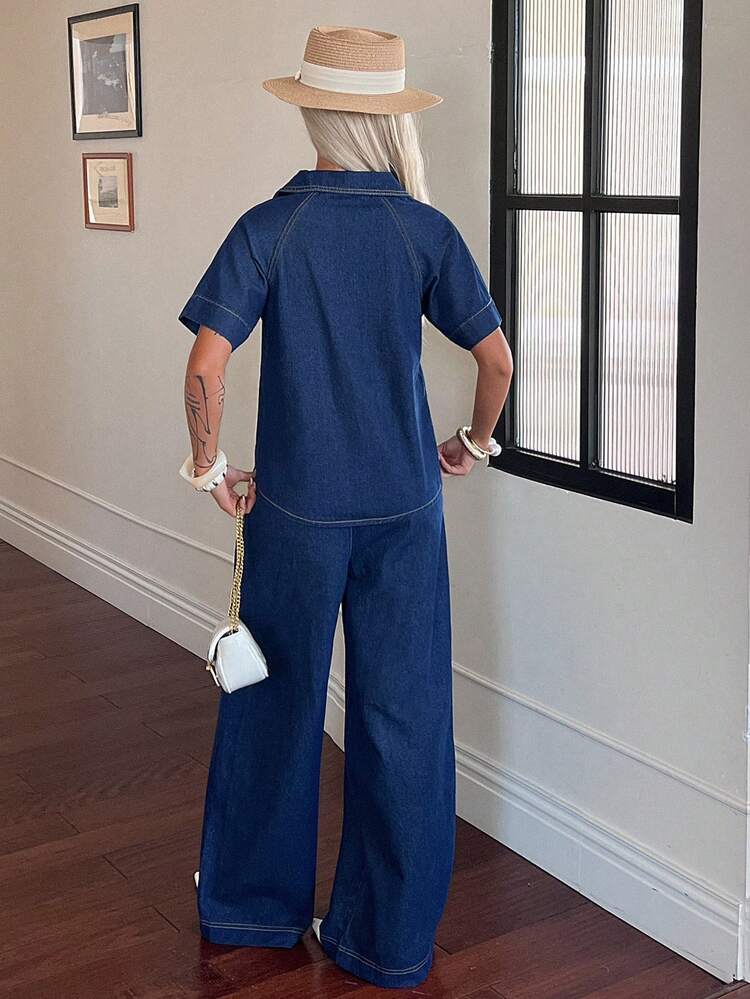 Women's Short Sleeve Top And Denim Pants Set