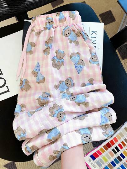 Resyla Pantalones de mujer / Estampado de oso a cuadros / Pantalones deportivos sueltos y rectos para primavera y verano / Pantalones anchos versátiles y deportivos / Verano