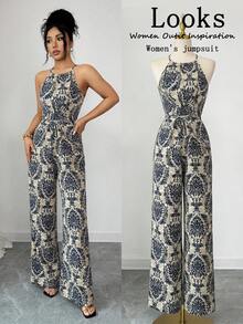 Elenzga 女士优雅印花无袖露背交叉腰部阔腿连体裤，春夏款 - 彩色 - 查看 1