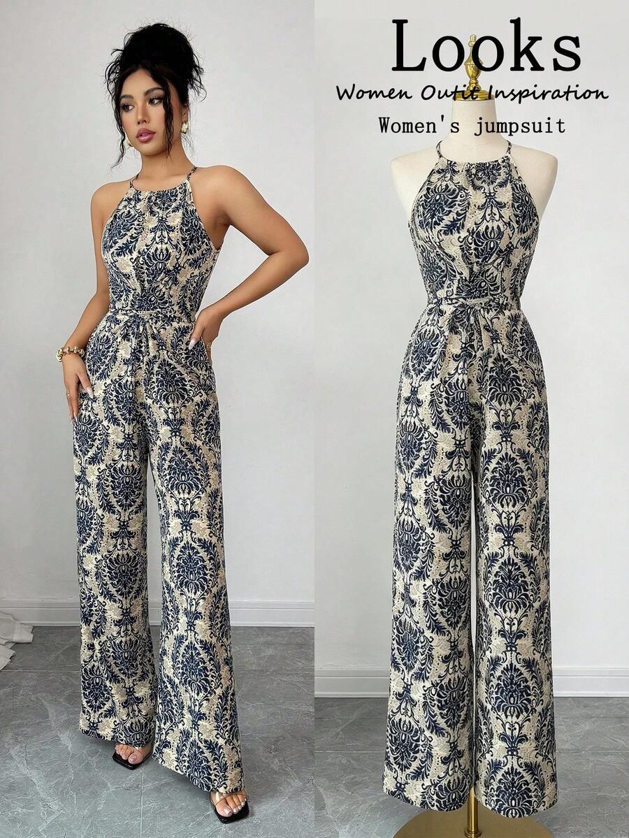 Elenzga 女士优雅印花无袖露背交叉腰部阔腿连体裤，春夏款 - 彩色 - 查看 1