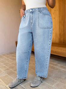 Dripcurv Quần jeans ống rộng có túi dành cho nữ cỡ lớn - Rửa nhẹ - Xem 5