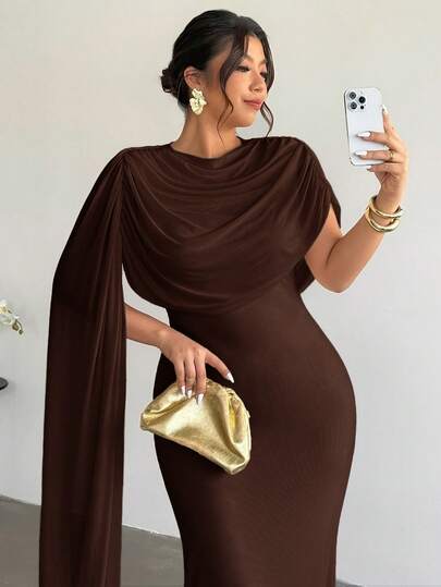 Firerie Vestido cómodo, casual y elegante para vacaciones, festivales de música, trayecto al trabajo y oficina, de gasa con cuello fruncido y elástico, que estiliza la figura, para mujeres de talla grande, para primavera/verano