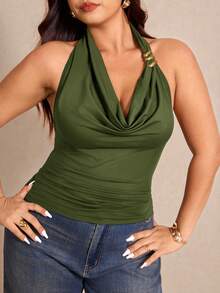 Elaquor Top Decotada Nas Costas de Cor Sólida para Mulheres Plus Size - Verde Militar - Visão 4