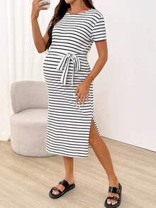 SHEIN 孕妇夏季休闲度假通勤条纹印花高开衩腰部系带连衣裙 - 白色 - 查看 6