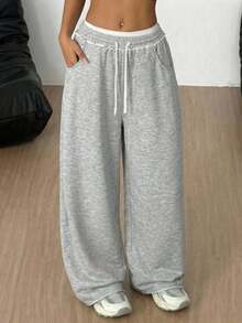 SHEIN Tween Girls' Loose Casual Minimalist Comfortable Mid-Waist Contrast Color Drawstring Decor Sweatpants, Autumn/Winter Fall - Grey - View 1