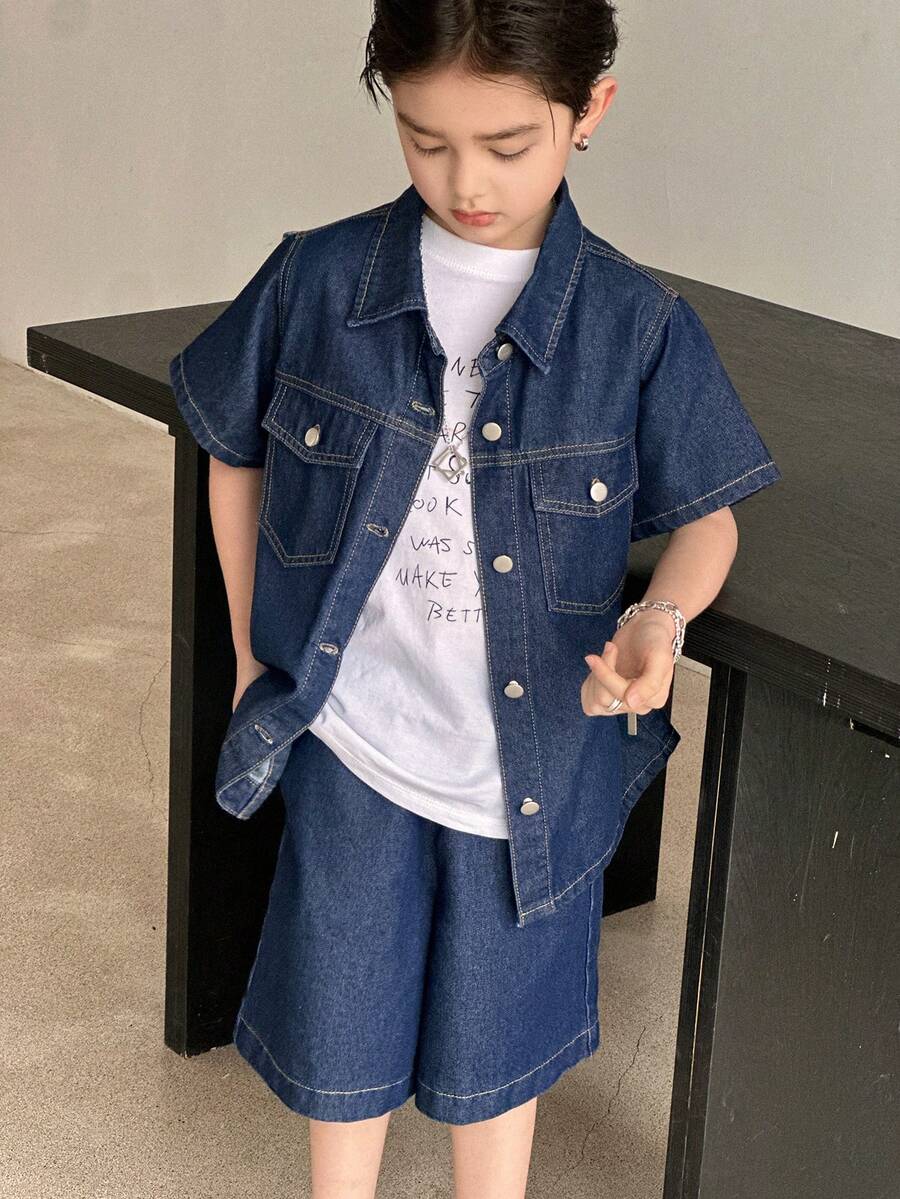 DAZY Bộ đồ denim mùa hè cho bé trai, kiểu dáng thường ngày, gồm áo sơ mi và quần short denim, có túi nắp gập và cúc cài phía trước. - Màu xanh lam - Xem 1