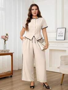 Levarali 2pcs/Set Plus Size Brown Contrast Trim Short Sleeve Shirt And Straight Leg Pants,Summer Elegant Smart Casual Everyday Gym Minimalist Outfits - Khaki - View 4