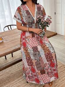 Weeklong Plus Size Women's V-Neck Lace Trim Printed Split A-Line Vacation Dress, Bohemian Holiday Outfit - Multicolor - View 5