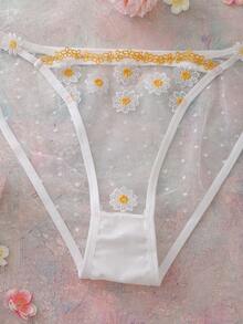 SHEIN 大码浪漫花卉刺绣网纱拼接透明撞色内裤 - 白色 - 查看 4