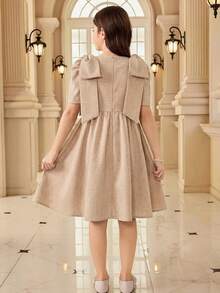 SHEIN 少女假珍珠裝飾肩部蝴蝶結可愛洋裝 - 卡其色 - 查看 2