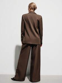 Aveloria Modichic Mocha Brown Suit Set For Women,Brown Polka Dot,Summer,Elegant,Party Night,Wide-Shoulder Blazer Jacket & Straight-Leg Pants,Handcrafted Metal Sequin - Brown - View 2