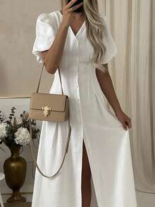 EMERY ROSE 女士休闲通勤纯色收腰前开襟纽扣长连衣裙 - 白色 - 查看 4