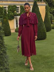 Lilora 女士水钻装饰优雅收腰长裙，适合约会和派对穿着 - 酒紅色 - 查看 3