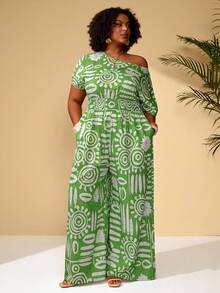 BrightlyHer 大码女士度假风印花腰带斜肩口袋阔腿连体裤 - 綠色 - 查看 5