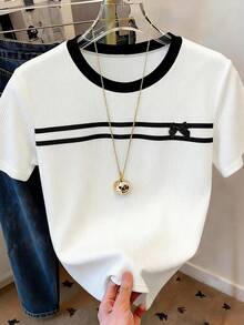 Lyxana Camiseta casual de mujer con bloques de color, rayas y decoración de lazo, para verano - Blanco - Ver 6