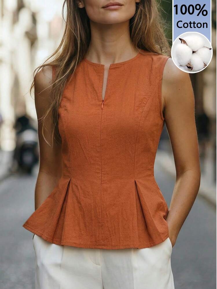 Women's Solid Color Zip Front Pleated Hem Sleeveless Blouse,Vacation Blouse,Summer Holiday Outfits Orange Summer Top,Summer Outfits For Women