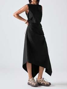 LYSMO 2026新款简约春季女式户外黑色圆领无袖褶皱不对称下摆休闲中长连衣裙，适合外出、返校、毕业典礼、街头休闲穿着，女士休闲连衣裙 - 黑色 - 查看 8