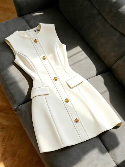 Franclia Women's Solid Color Round Neck Sleeveless Single-Breasted Elegant Mini Dress, Faux Pocket Flap, Apricot Short Dress, Fitted Waist Dress, Suitable For Commuting And Work Outfit, Summer Dress, Graceful Dress