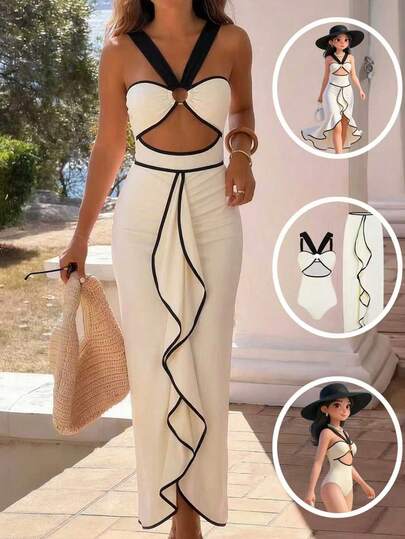 Swim Oasis 2 piezas Conjunto de bikini de estilo bohemio con tirantes finos, estilo de playa de moda, conjunto de bikini sexy de estilo resort, estampado retro y sexy con tirantes finos, tela suave, tirantes ajustables, adecuado para playa, resort, elegante, estilo retro, nuevo traje de baño de una pieza, sexy y elegante