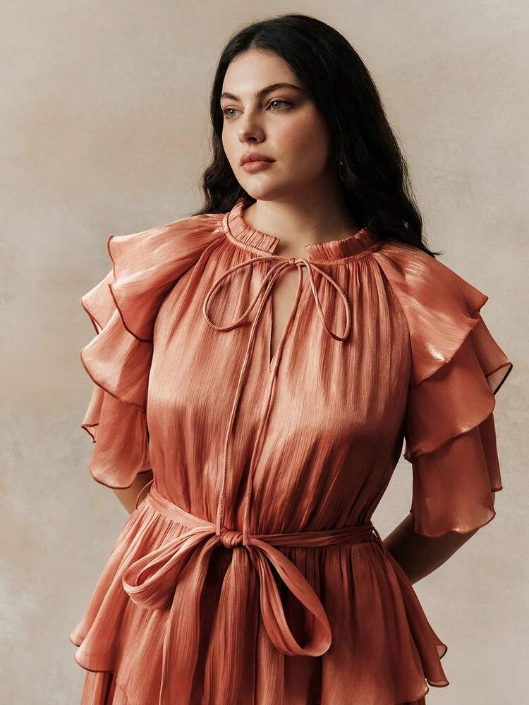 Plus Size Women's Elegant Tie-Waist Layered Cake Dress, Business Casual Luxury Wedding Guest Formal Gown, Spring/Summer
