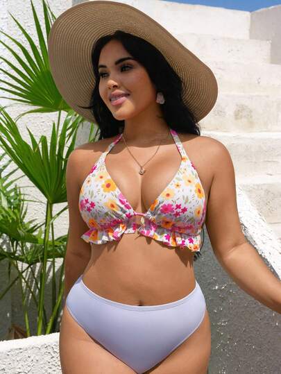 Swim Vcay Plus Size Floral Print Triangle Bikini Top