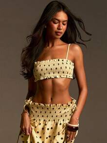 Athîral 女士休闲度假粉色波点两件套，可调节肩带吊带上衣和迷你裙 - 黃色 - 查看 4