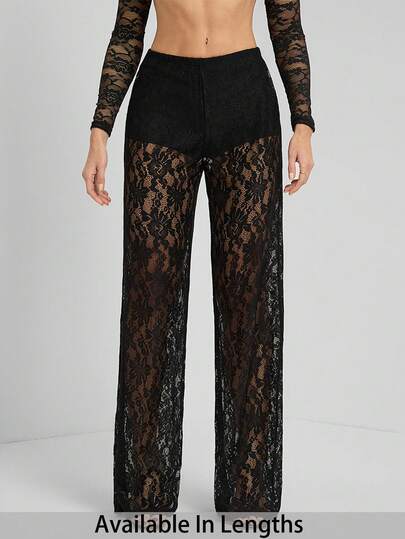 SHEIN Tall CURVE Pantalones anchos y elegantes de talle elástico con estampado floral y encaje para mujer de talla grande