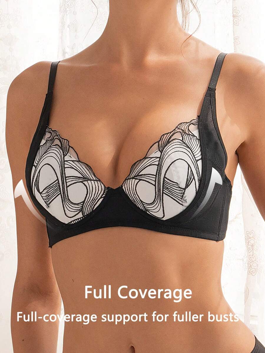 DesireSculpt 女士网纱刺绣钢圈文胸 1 件装 - 黑與白 - 查看 1