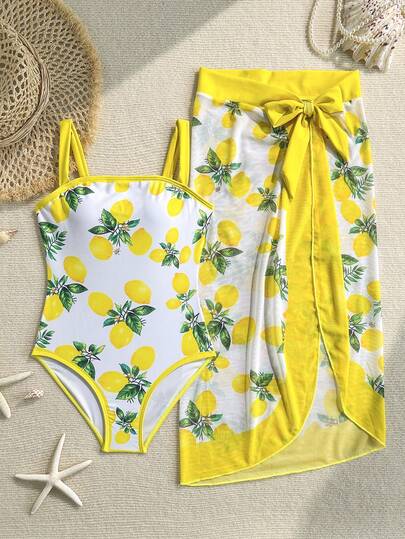 Traje de baño de una pieza para mujeres jóvenes, traje de baño de dos piezas para adolescentes con lazo, falda, estampado digital de frutas y limones, traje de baño para fiesta en la playa, vacaciones