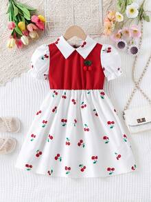 女童编织领花瓣袖印花连衣裙 - 紅色 - 查看 3