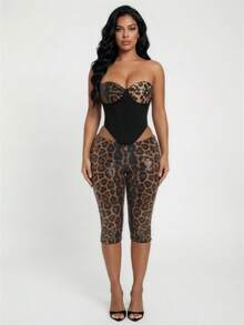 SHEIN SXY Women's Leopard Print Sequin Embellished Capri Pants,Club ,Sexy ,Western ,Rave Outfits ,Party ,Cowgirl Outfits, Leopard Print , Capris, Cheetah Print ,Sequin,Summer, Leopard Capri Pants, Capris For Women Dressy, Shiny Pants ,Sequin - Multicolor - View 2