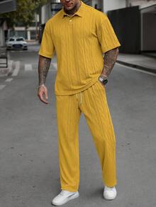 Manfinity Homme Men's Solid Color Knitted Textured Polo Shirt And Pants Set - Yellow - View 4