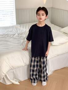 DAZY Tween Boy Solid Color Crew Neck Short Sleeve Top And Plaid Pants Casual Loungewear Pajama Set Summer - Navy Blue - View 5